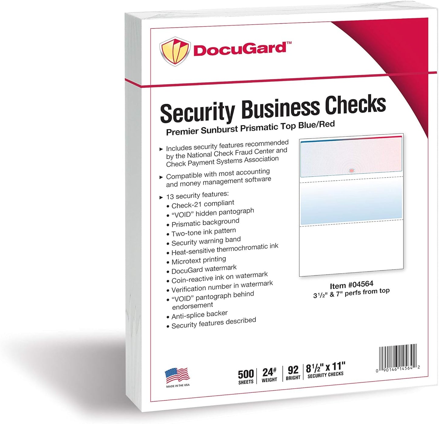 DocuGard Blue/Red Sunburst Premier Prismatic Top High Security Check Paper - QuickBooks & Laser/Inkjet Printer Compatible - 13 Security Features - 500 Blank Business Checks (04564)