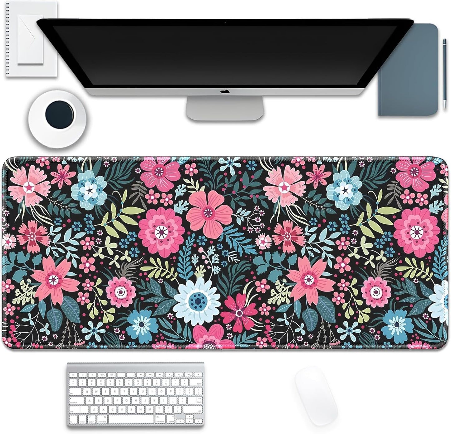 Retro Flowers Mouse Pad,Large Vintage Floral Mousepad Desk Pad with Stitched Edges,Non-Slip Waterproof Rubber Base Mouse Mat for Office Computer Keyboard Laptop Home(27.5x11.8 in)