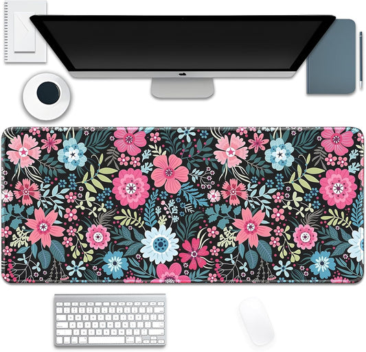 Retro Flowers Mouse Pad,Large Vintage Floral Mousepad Desk Pad with Stitched Edges,Non-Slip Waterproof Rubber Base Mouse Mat for Office Computer Keyboard Laptop Home(27.5x11.8 in)