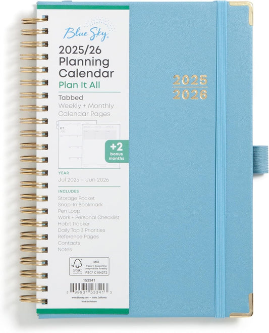 Blue Sky 2025-2026 Academic Year Weekly and Monthly Planner Calendar, July 2025 - June 2026, 12-Month, 5" x 8", Faux Leather Cover, Wirebound, Storage Pocket, Laminated Tabs, Blue Haze