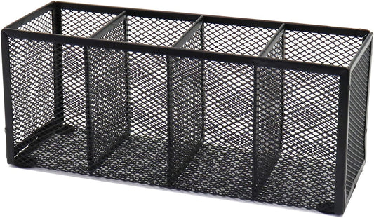 Black Mesh Pen Holder, Metal Desk Organizer Desktop Stationery Office Supplies Acessories Storage Stand, 4 Compartments Pencil Organizer Brushes Holder for Home School Classroom Teachers
