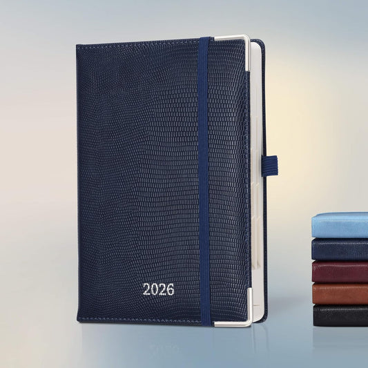 Daily Planner 2026 with One Page Per Day,(A5-8.5" x 5.9"),12 Months Calendar Hourly Appointment Book Monthly Tabs & Self-adhesive Pen Holder,Inner Pocket,Durable Vegan Leather,Dark blue