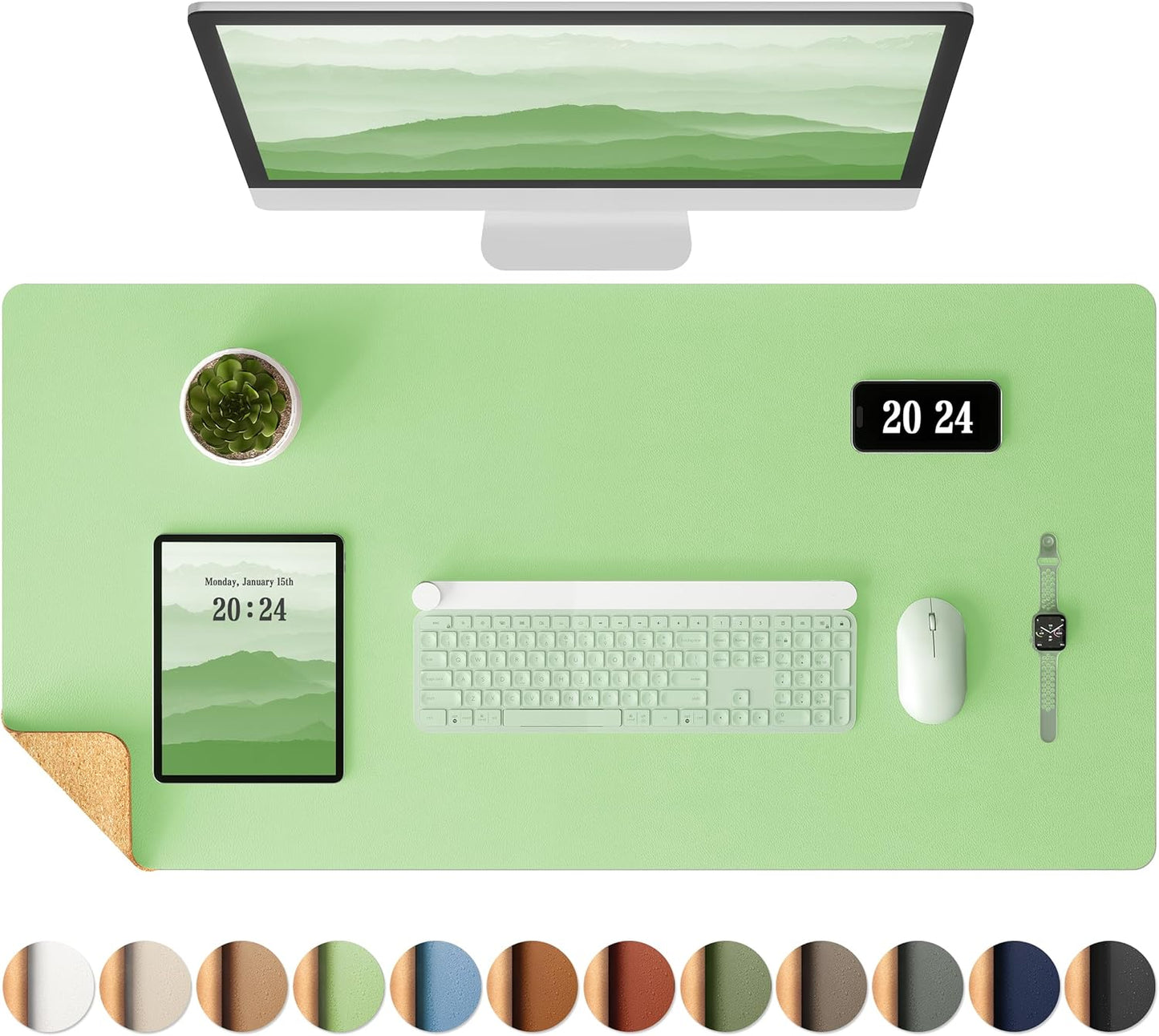 Aothia Double-Sided Desk Pad, 37.8"x17" Leather Desk Mat, Eco Cork Desk Pad Protector,Large Mouse Pad,Waterproof Desk Blotter for Office/Home(Light Green)