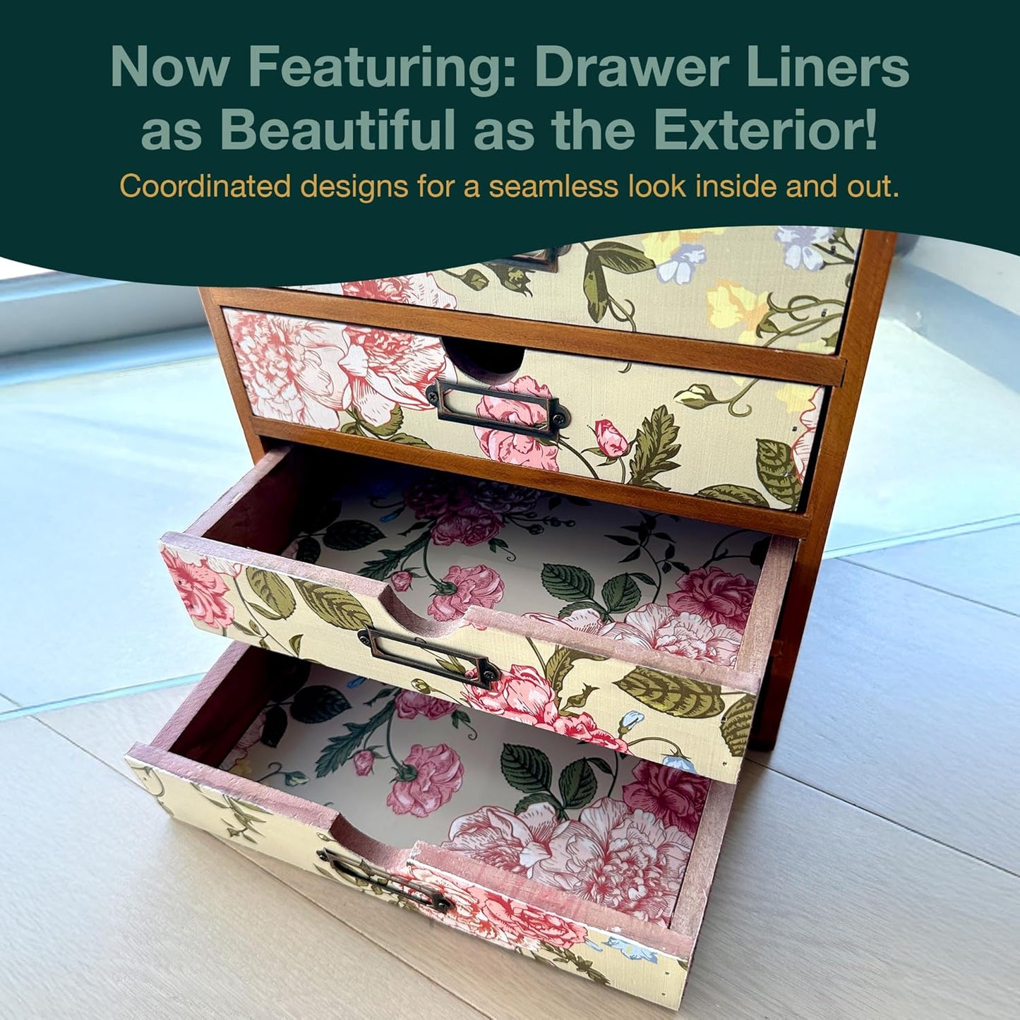 4-Drawer Vintage Desk Organizer with Jacobean Pattern Pastel Flowers Curio Drawer Dresser, Closet, Tabletop - Embroidery Reel Shelf Wood Desktop Organizing Cabinet - Victorian Floral Design