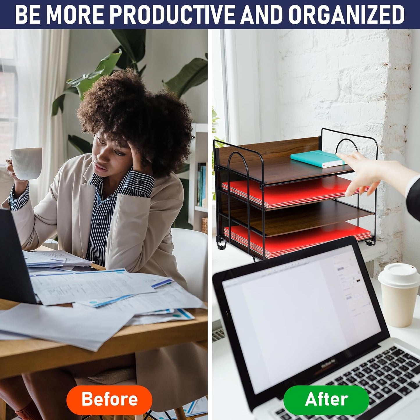 4-Tier Office Organizer, Desk File Organizer with Wood Patterned Shelves, Office Supplies Desktop Organization for Storage of Paper, Bills, Letters, Multi-Functional Desk Organization and Accessories