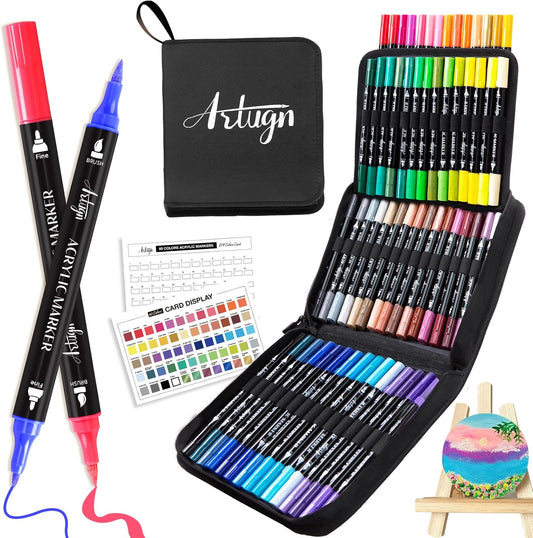 60 Colors Acrylic Paint Pens, Dual Tip Pens With Fine Tip and Brush Tip for Rock Painting, Ceramic, Wood, Plastic, Calligraphy, Scrapbooking, Brush Lettering, Card Making, DIY Crafts