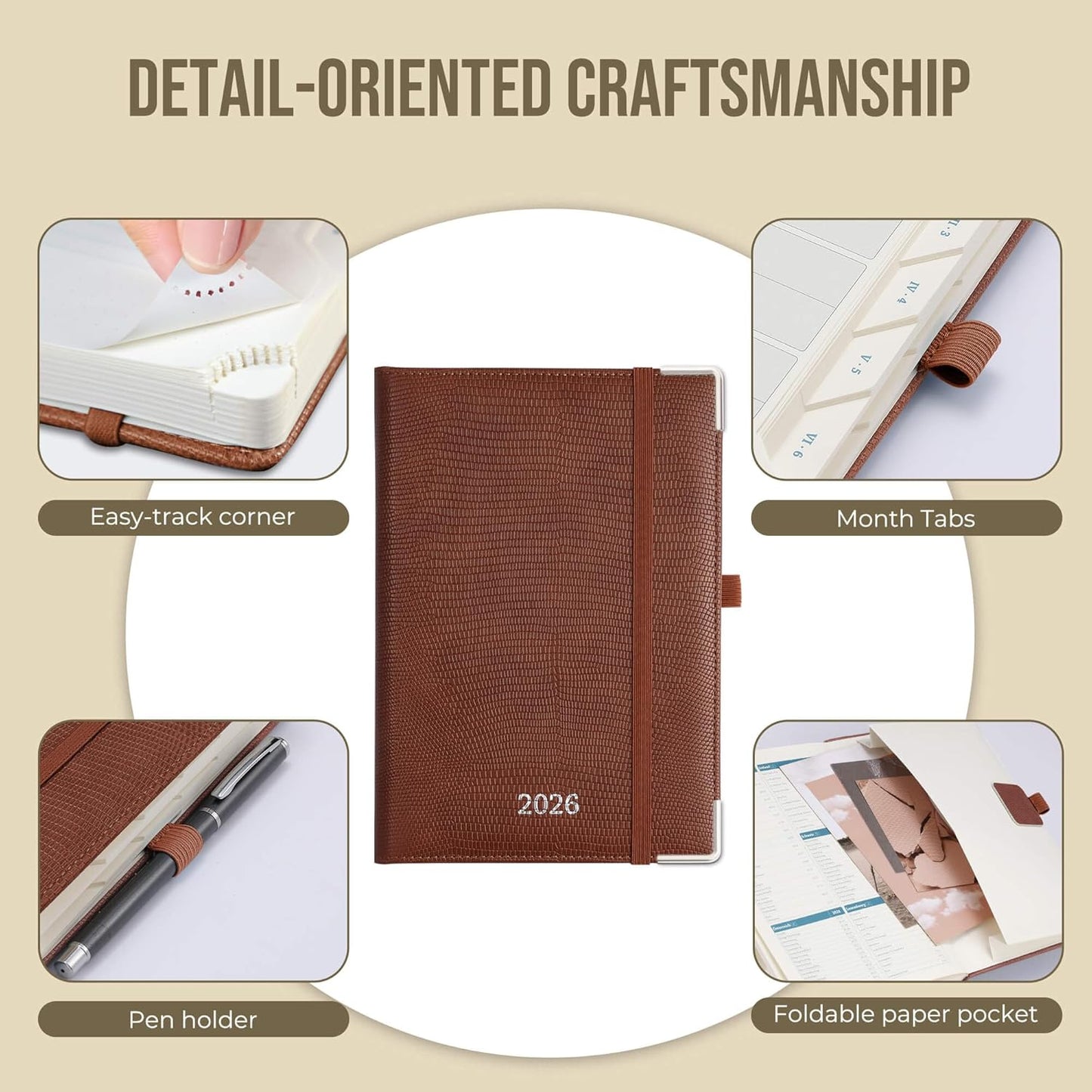 Daily Planner 2026 with One Page Per Day,(A5-8.5" x 5.9"),12 Months Calendar Hourly Appointment Book Monthly Tabs & Self-adhesive Pen Holder,Inner Pocket,Durable Vegan Leather,Burgundy