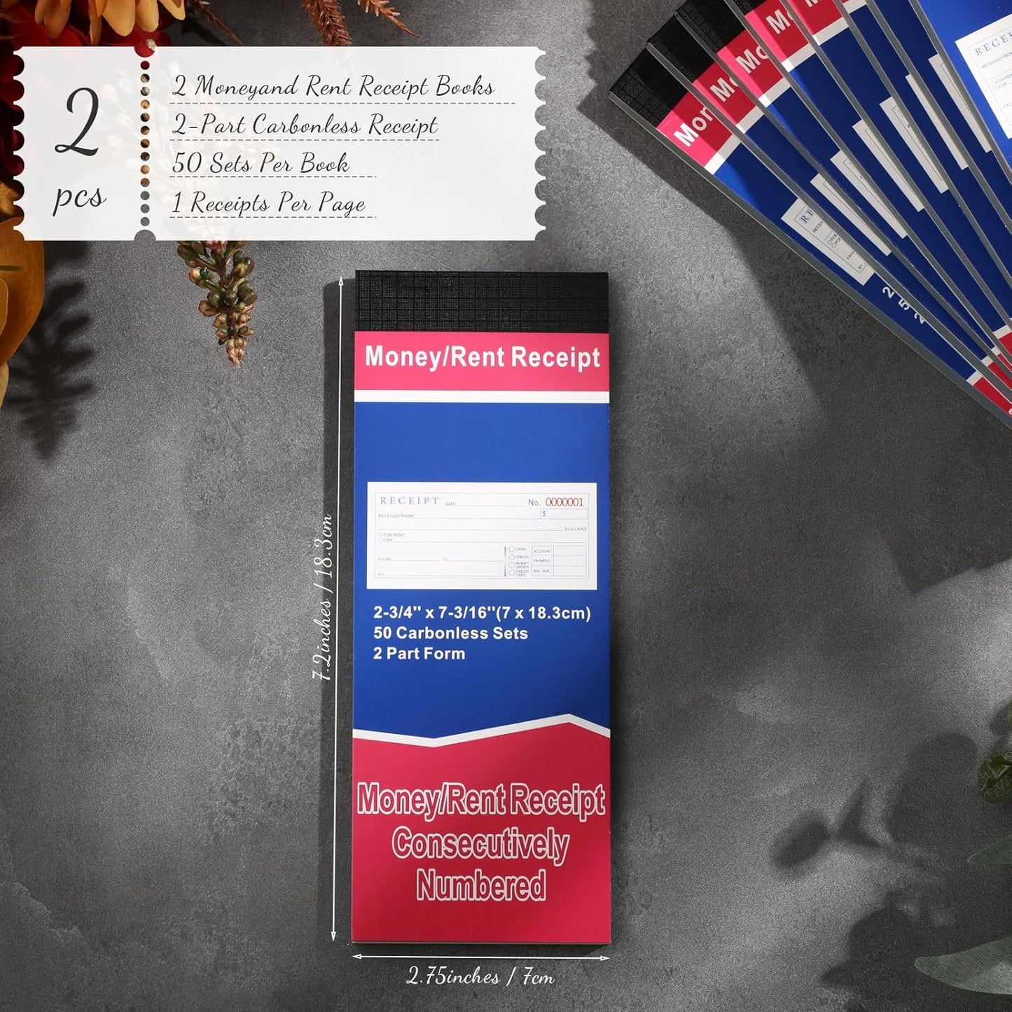 Crtiin 2 Pads Money and Rent Receipt Book 2.75 x 7.2 Inch Bound Cover 2 Part Carbonless Receipt Book with Carbonless Copies Receipt Log Book 50 Sets Per Book