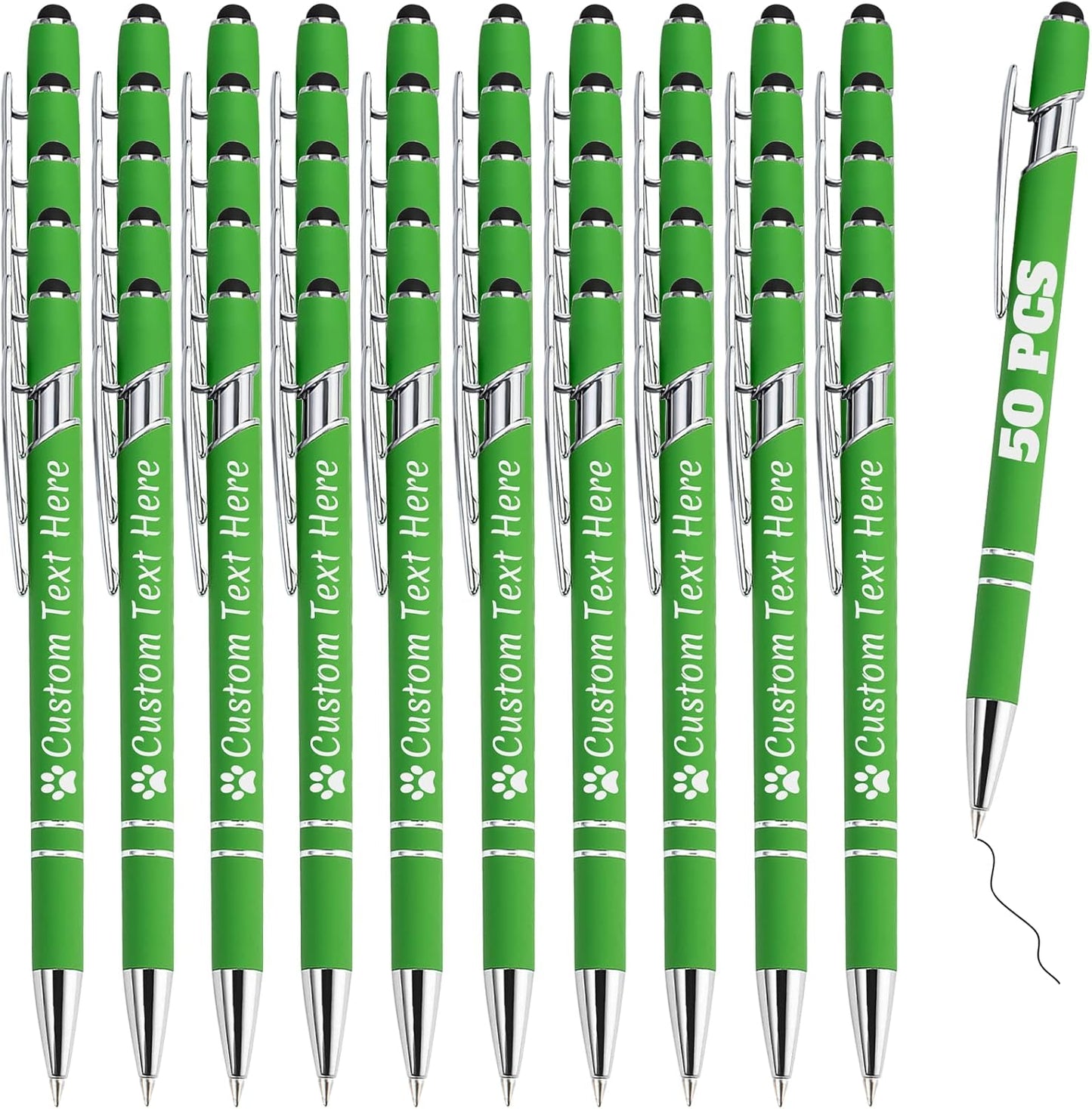 Personalized Pens Bulk 50 with Name Custom Engraving Ballpoint Pens with Stylus Tip Customized Smooth Writing Pens Personalized Gifts for Anniversary Birthday or Graduation(Light Green,Black Ink)