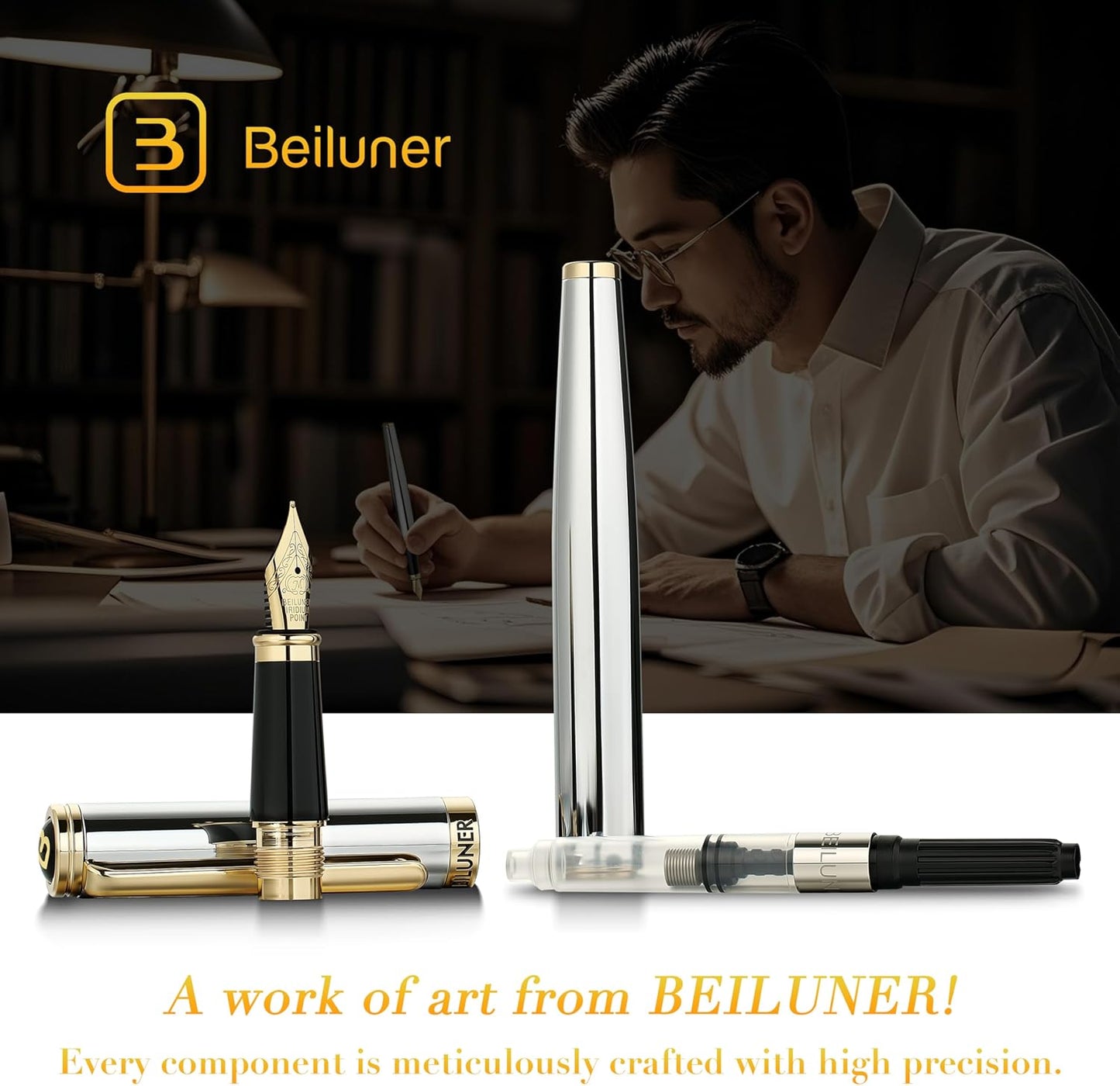 BEILUNER Silver Chrome Fountain Pen,Stunning Luxury Pens with 24K Gold Accents, Gorgeous 24K Gilded Nib(Medium), Ink Converter,Fancy Pen Gift for Men&Women-Elegant, Office, Executive,Nice for Writing