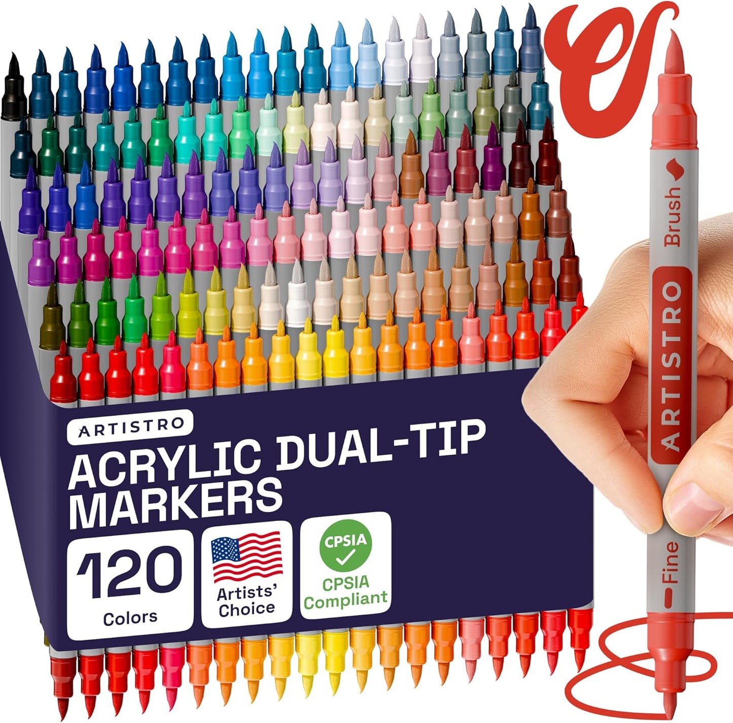 ARTISTRO 120 Dual Tip Acrylic Paint Markers - Easy for All Ages & Levels Acrylic Paint Pens for Fabric, Rocks, Paper, Wood, Canvas, Glass, DIY (Dual Tip Brush + Fine, 120)