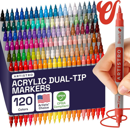 ARTISTRO 120 Dual Tip Acrylic Paint Markers - Easy for All Ages & Levels Acrylic Paint Pens for Fabric, Rocks, Paper, Wood, Canvas, Glass, DIY (Dual Tip Brush + Fine, 120)