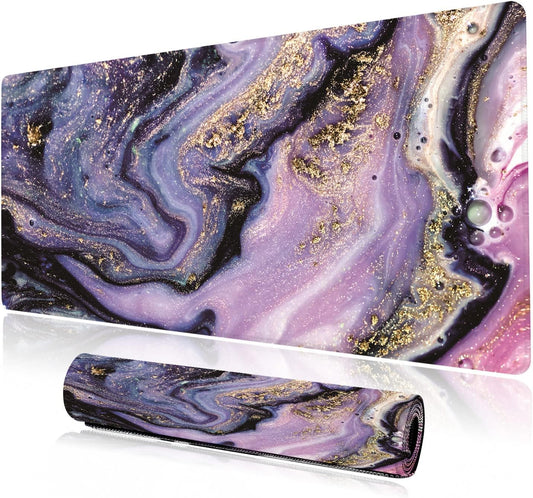 Desk Mat, Purple Marble Pattern Large Desk Pad Extended Gaming Mouse Pad, 35.4 x 15.7inch Mouse Pad with Non-Slip Rubber Base Stitched Edges, Home Office Decor for Women Girls Men Boys