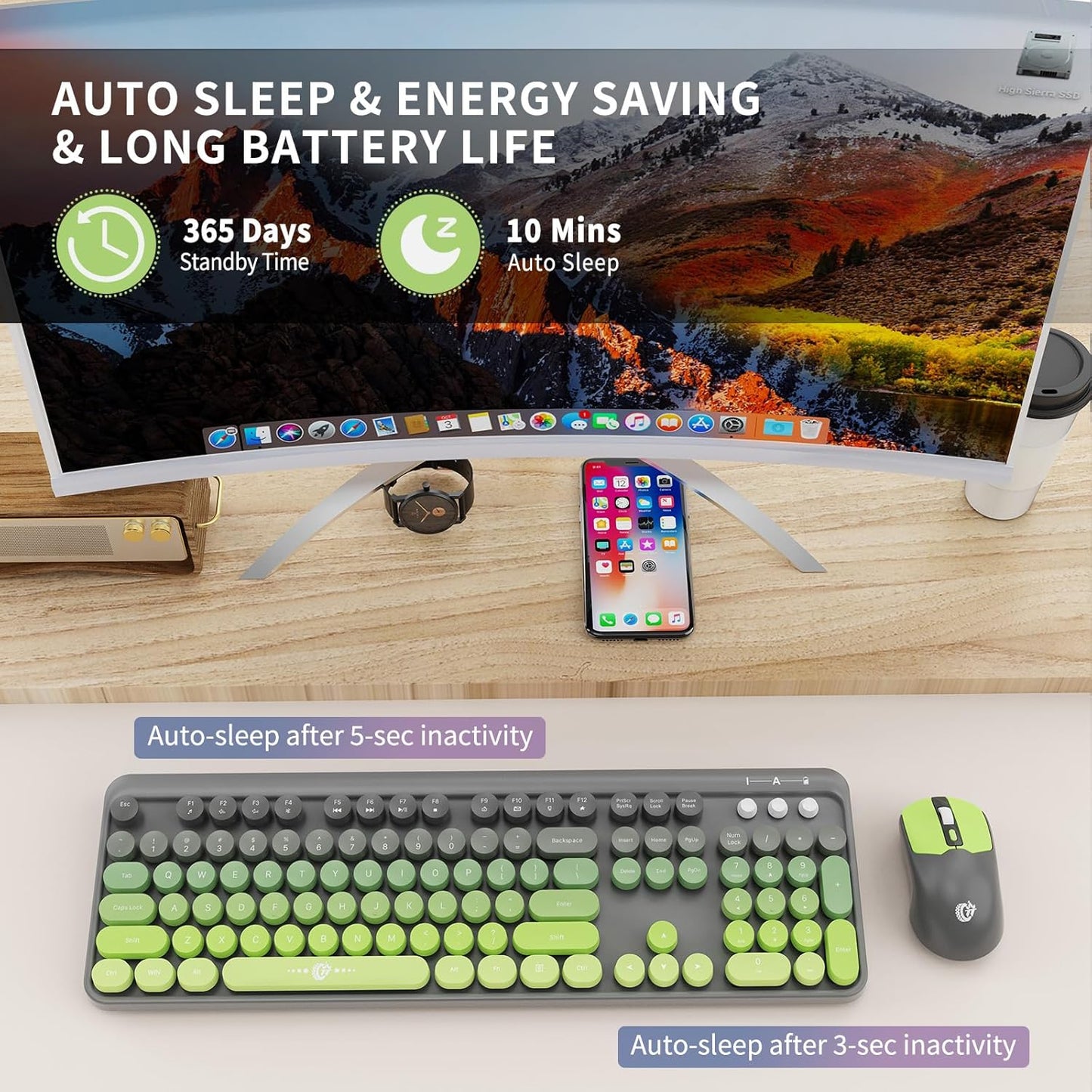 FOPETT Wireless Keyboard and Mouse Combo - 2.4G Full-Sized Cute Colorful Mouse and Keyboard with 104 Round Keys Retro Typewriter Keyboard for Laptop/Windows/PC - Green Gradient
