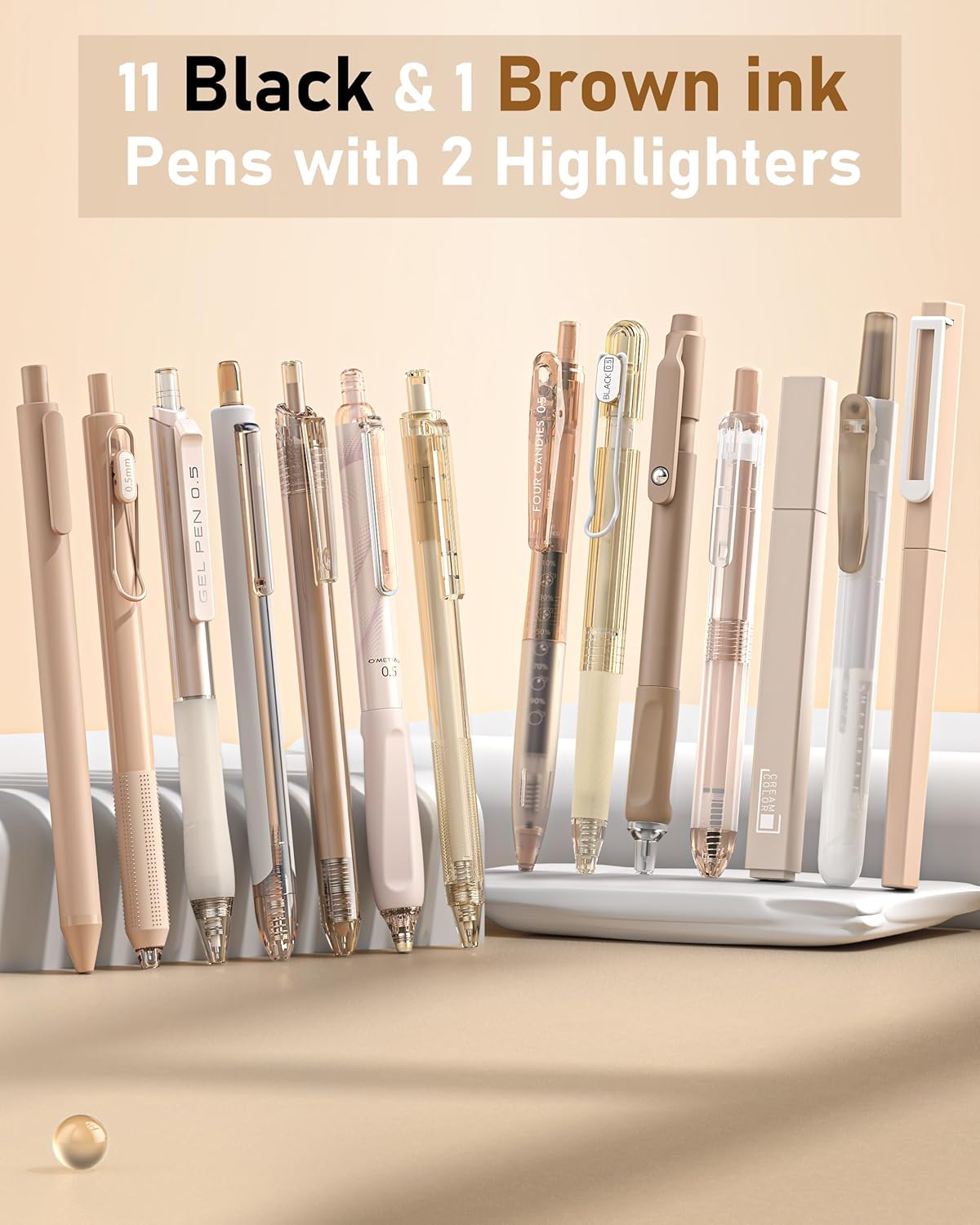 Four Candies 14Pack Pastel Gel Ink Pen Set,Cute Retractable 0.5mm Fine Point Pen,Note Taking Aesthetic Pens,12 Pack Black Ink Pens with 2Pack Highlighter, Smooth Writing Pens for School, Office(Brown)