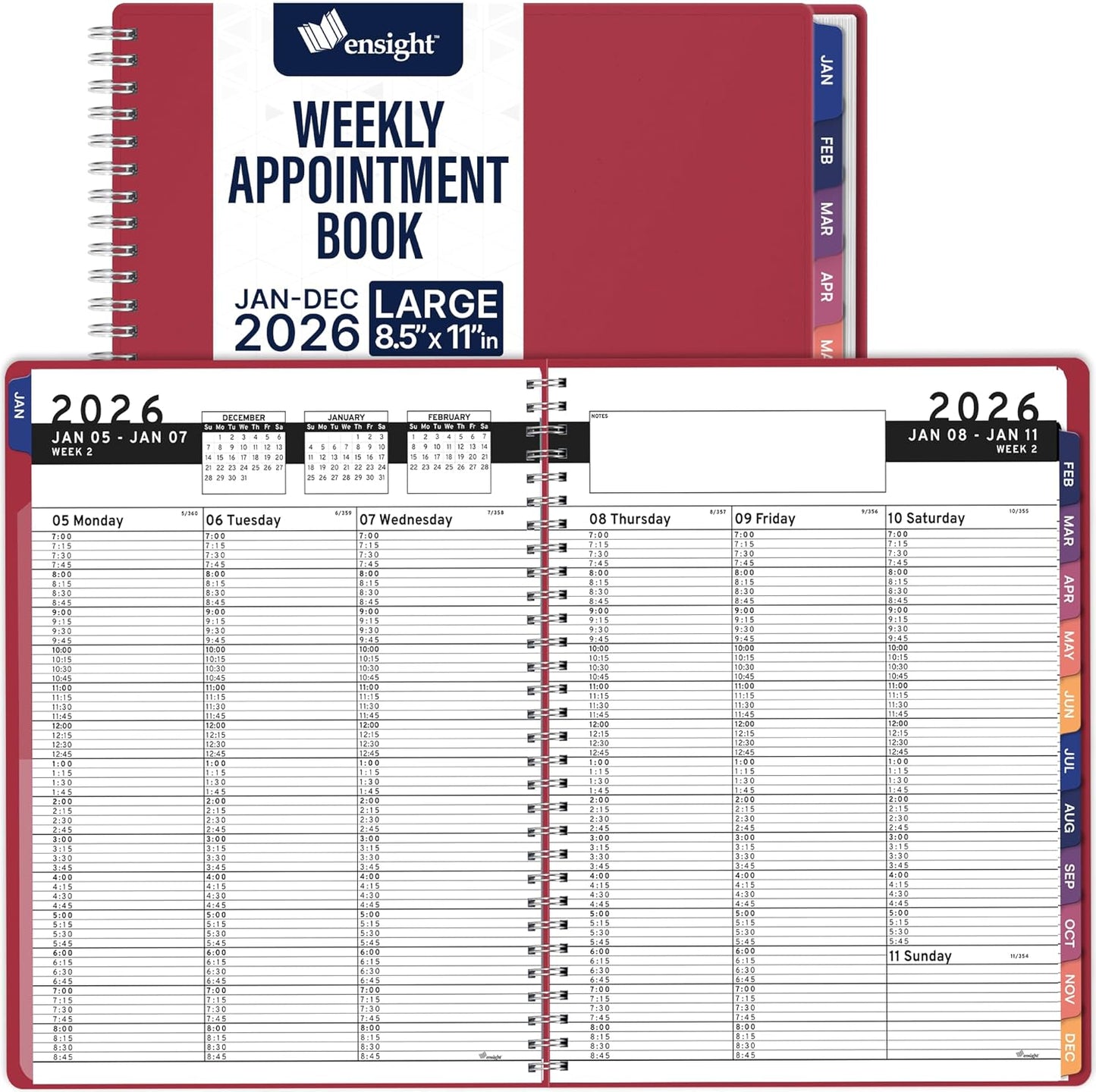 Ensight 2026 Appointment Book & Planner Ensight 8.5 x 11 inches Large Tabbed Daily Hourly Weekly Planner Schedule Book 15 Minute time Slots Business & Personal Planner Jan 2026 Dec 2026 Maroon