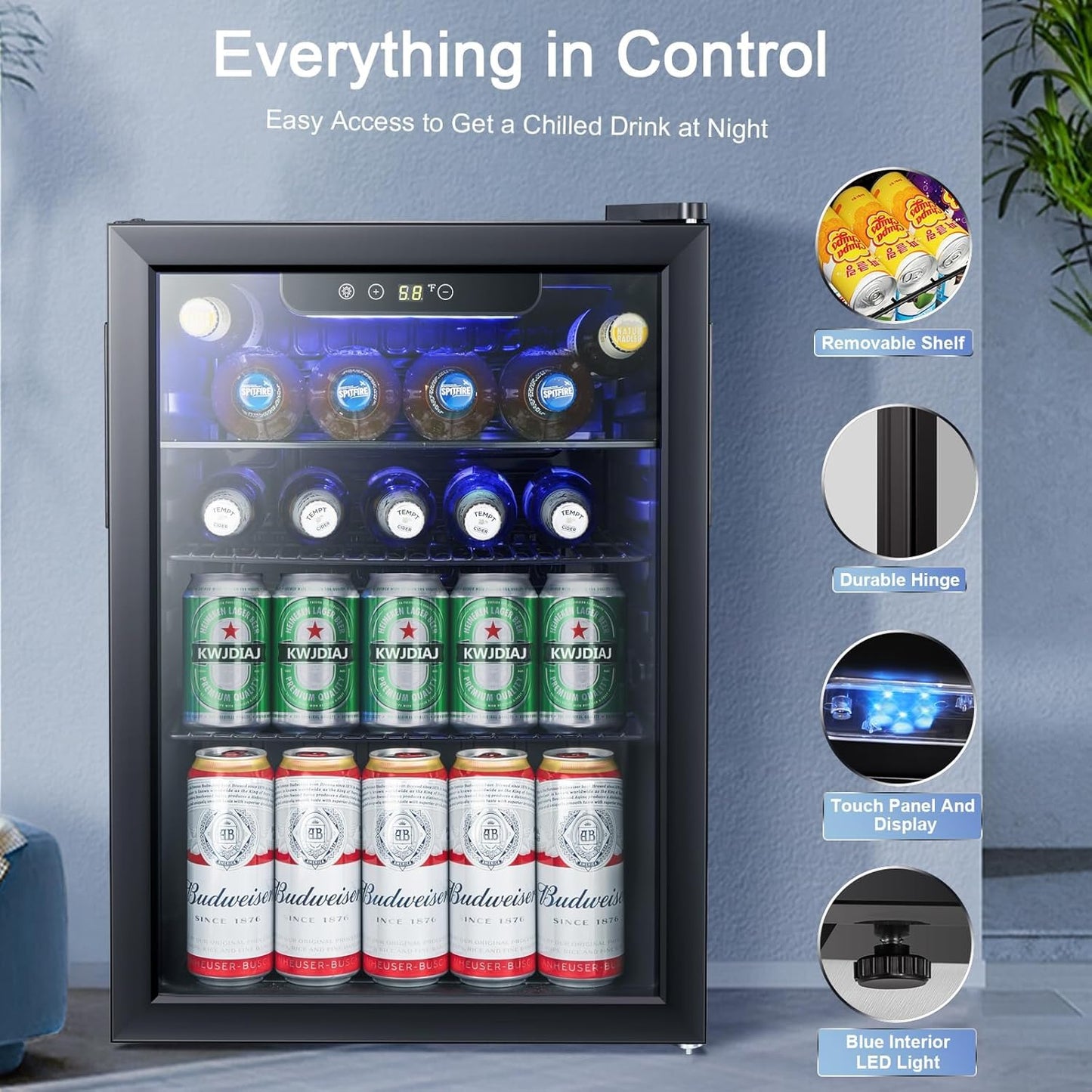 Antarctic Star Beverage Refrigerator Cooler-85 Can Mini Fridge Glass Door for Soda Beer Wine Stainless Steel Glass Door Small Drink Dispenser Digital Display for Home, Office Bar,2.6cu.ft