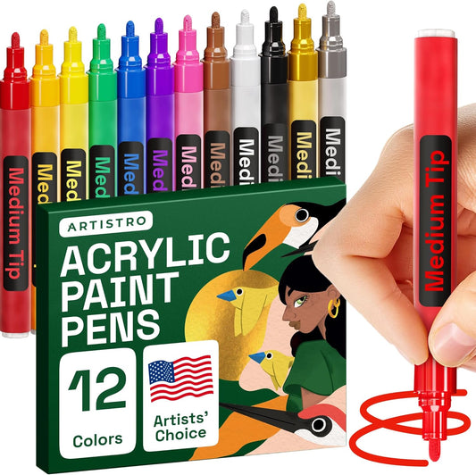 ARTISTRO 12 Fabric Paint Markers Medium Tip - Easy for All Ages & Levels - Acrylic Paint Pens for Fabric, Rocks, Paper, Wood, Canvas, Glass, DIY