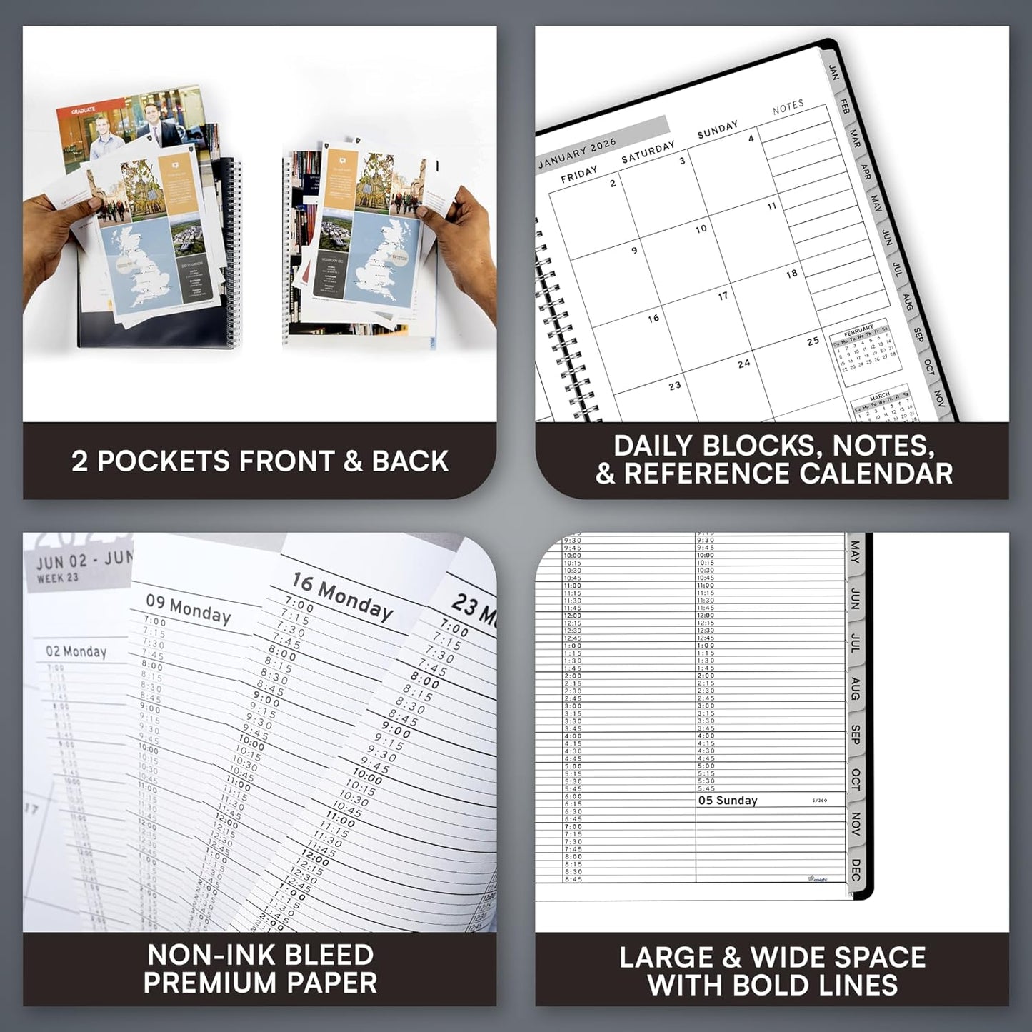 Ensight 2026 Appointment Book & Planner Ensight 8.5 x 11 inches Large Tabbed Daily Hourly Weekly Planner Schedule Book 15 Minute time Slots Business & Personal Planner Jan 2026 Dec 2026 Black