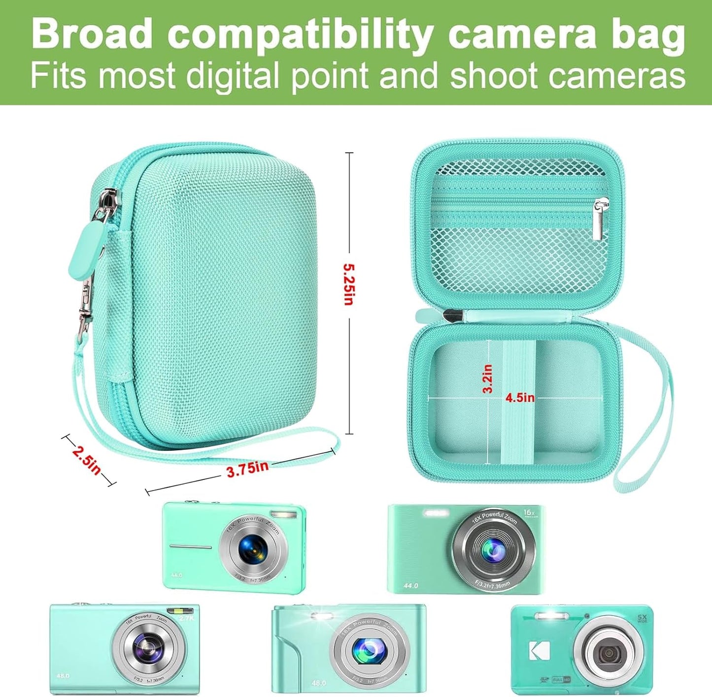Case Compatible with VAHOIALD FHD 1080P Digital Camera/for CAMKORY Digital Point and Shoot/for KODAK PIXPRO FZ45-BK 16MP Vlogging/for IWEUKJLO/for Nsoela, Holder for SD Card More (Green)