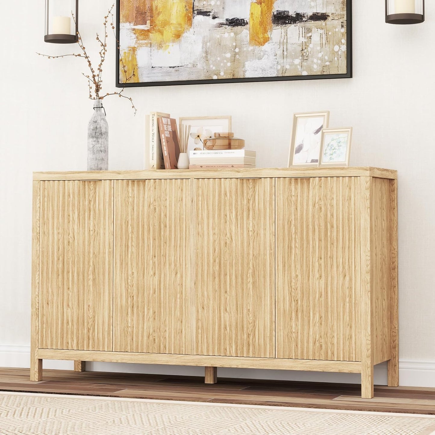 Real Relax Fluted Buffet Cabinet with Storage, Modern Sideboard with 4 Doors, 3 Adjustable Shelves, Large 55'' Kitchen Credenza Coffee Bar Cabinet, Console Cabinets for Living, Dinning Room, Natural