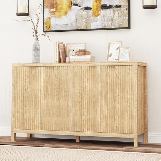 Real Relax Fluted Buffet Cabinet with Storage, Modern Sideboard with 4 Doors, 3 Adjustable Shelves, Large 55'' Kitchen Credenza Coffee Bar Cabinet, Console Cabinets for Living, Dinning Room, Natural