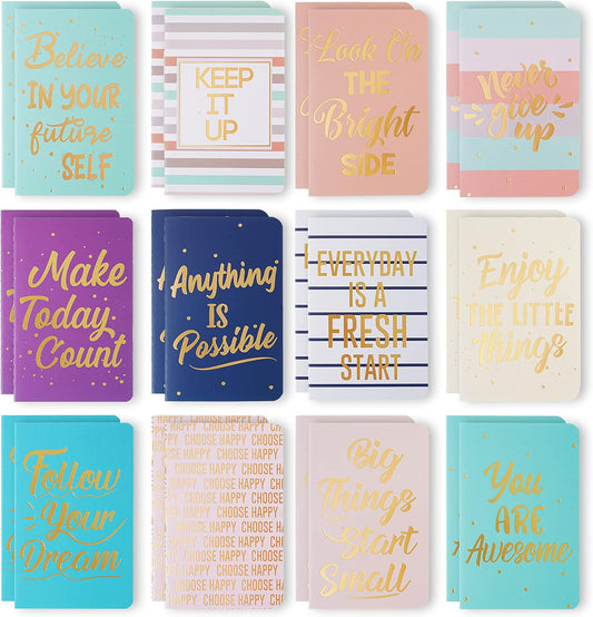 Cinrobiye 24 Pcs Mini Colorful Notebooks, Funny Motivational Journals Notepads Inspirational Notepads Small Pocket Notebook for Kids Teacher School Office Gift Bulk Prizes Travel Supplies (Gold)