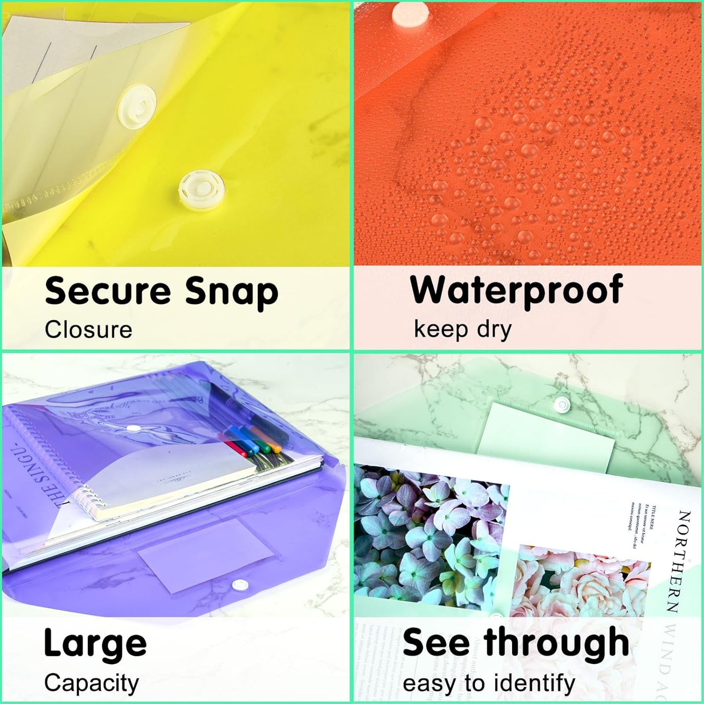 NACHLYNN 18 Pack Plastic Envelopes Plastic Folders with Snap Closure, 6 Colors A4 Size Clear File Envelopes with Label Documents Folders Organizers for Home Work Office Organization