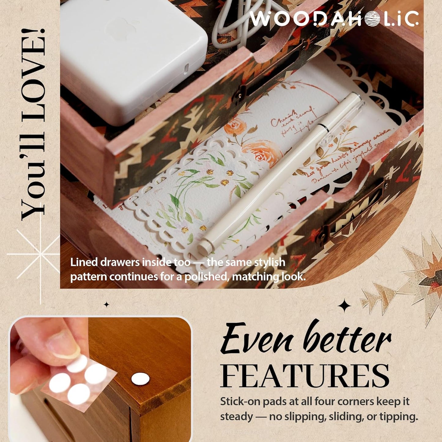 Boho Green Wooden Desk Organizer with Drawers – 4-Drawer Desktop Storage Box – Rustic Tribal Wood Desk Organizer for Office, Vanity, or Craft Supplies – Compact & Stylish Wooden Storage Drawers