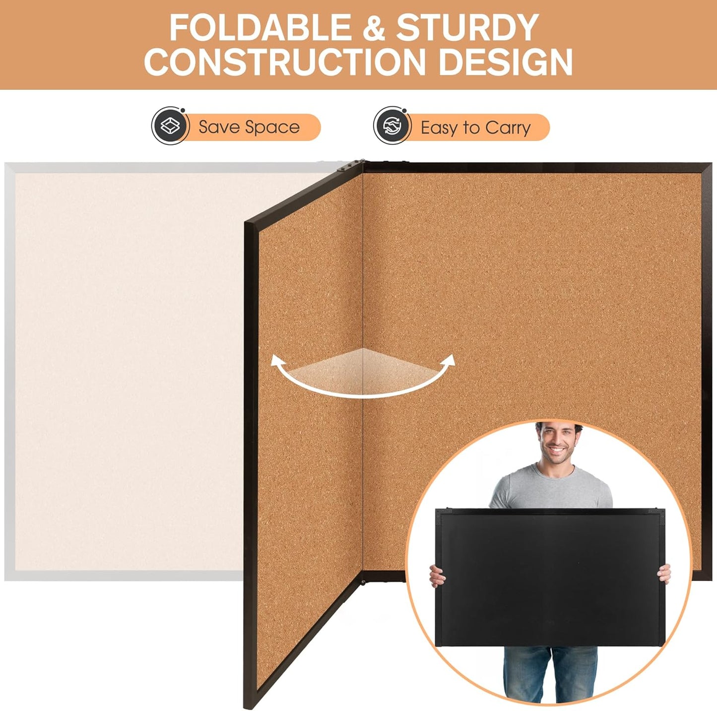 Board2by Extra Large Cork Bulletin Board 60" X 48", Foldable Notice Pin Board for Wall, Black Wood Framed 5'x4' Corkboard, Wall Mounted Noticeboard with 32 Push Pins for School, Home & Office