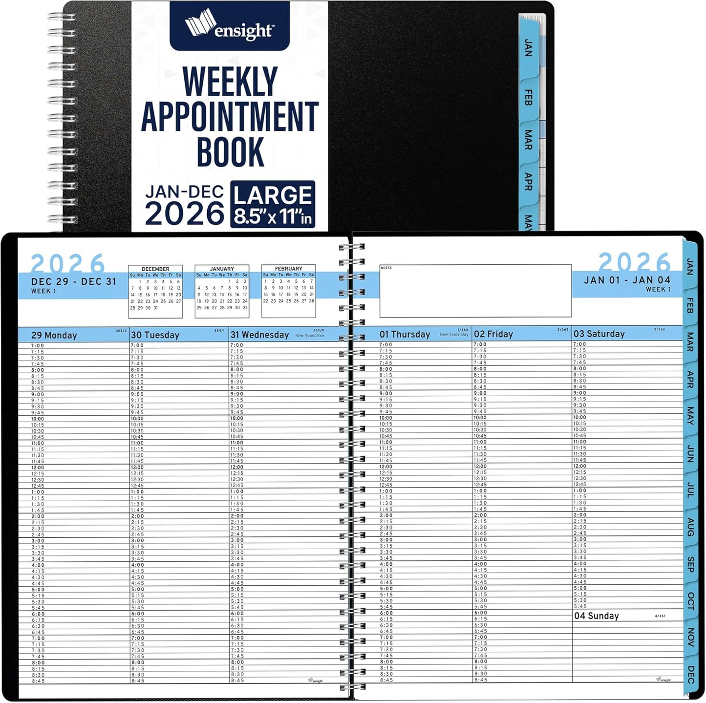 Ensight 2026 Appointment Book & Planner Ensight 8.5 x 11 inches Large Tabbed Daily Hourly Weekly Planner Schedule Book 15 Minute time Slots Business & Personal Planner Jan 2026 Dec 2026 Blue
