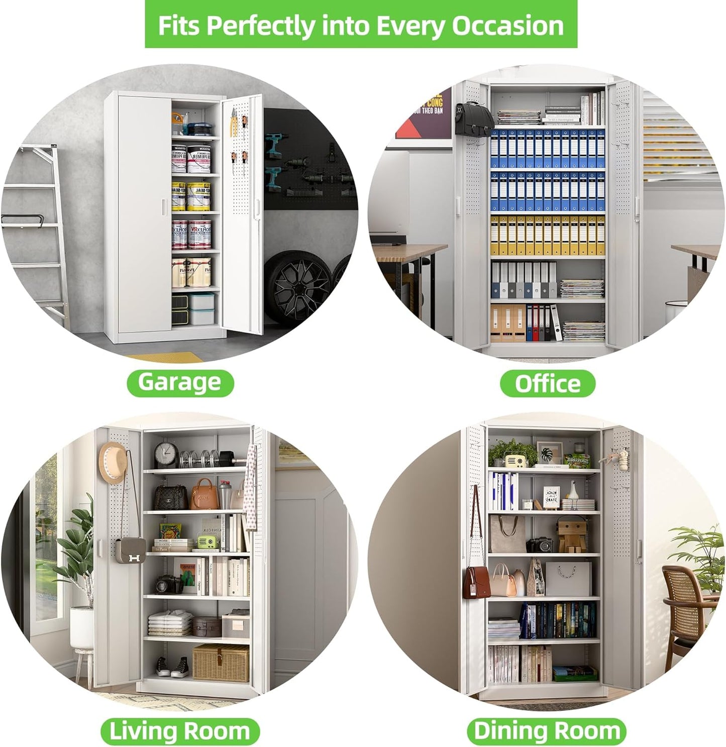 Aobabo Upgraded 71" H×34" W×18" D Metal Garage Storage Cabinet with Pegboards, Lockable Steel Cabinet with 5 Adjustable Shelves and 4 Hooks for Garage, Home, Office, White,Assembly Required