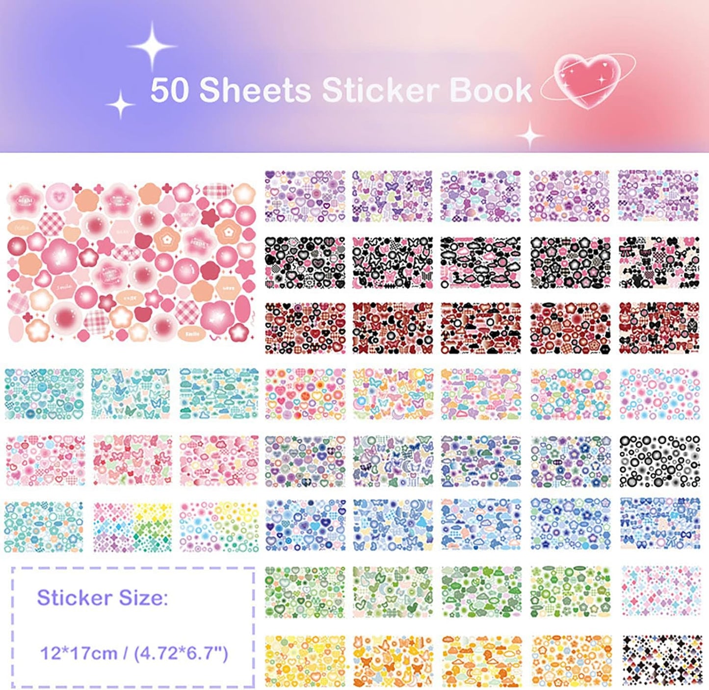 Doraking Colorful Sticker Book, 50 Sheets Shiny Love Bubble Heart Butterfly Ribbon Cute Stickers for Junk Journal Arts Craft Greeting Cards Scrapbook Supplies Home Decoration, DIY Deco Stickers (A)