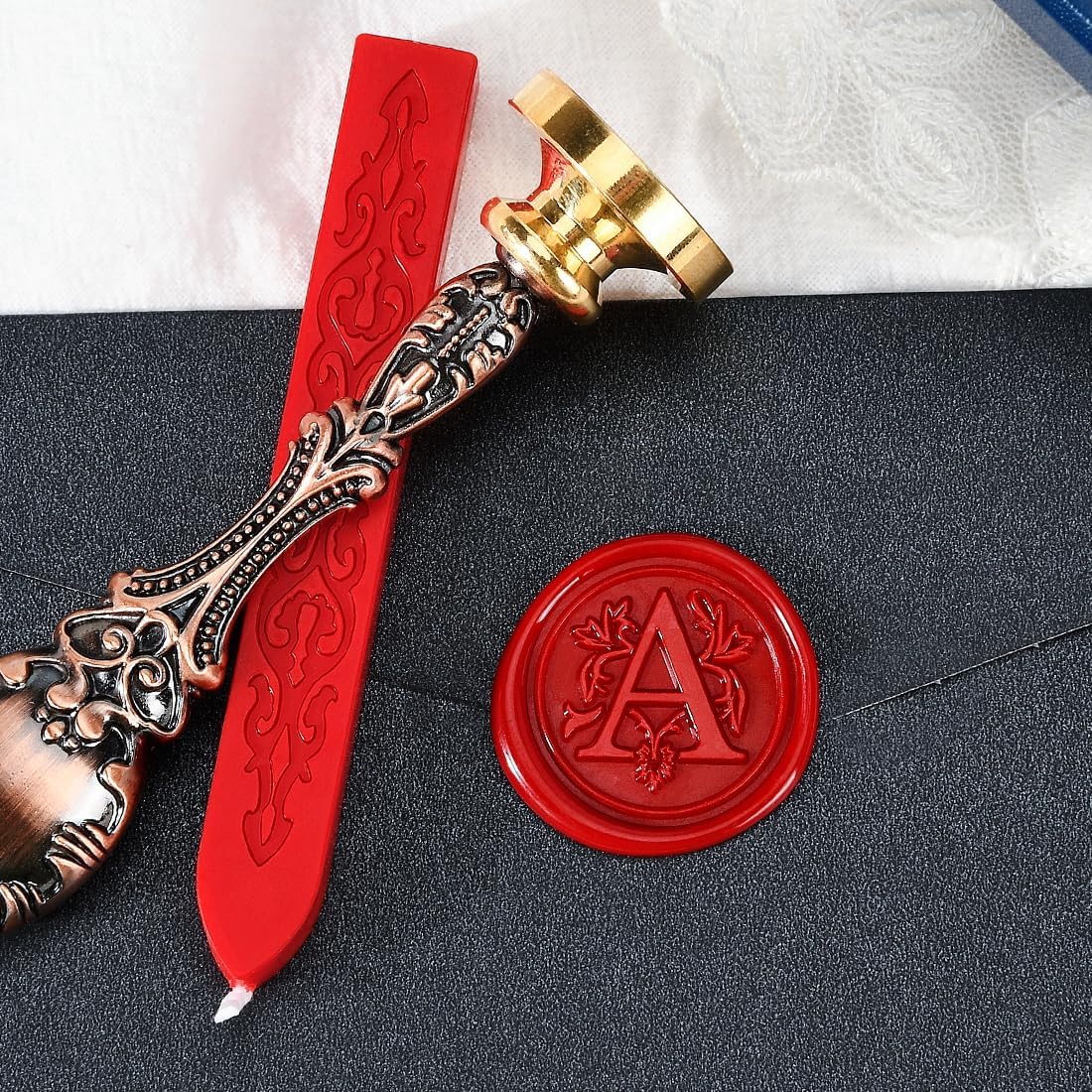 Wax Seal Stamp kit, Envelope Wax Seals DIY Kit - Retro Sealing Wax Candle + Classic Initial Alphabet Seal Wax Seal Stamp Letter A - in Blue Gift Box