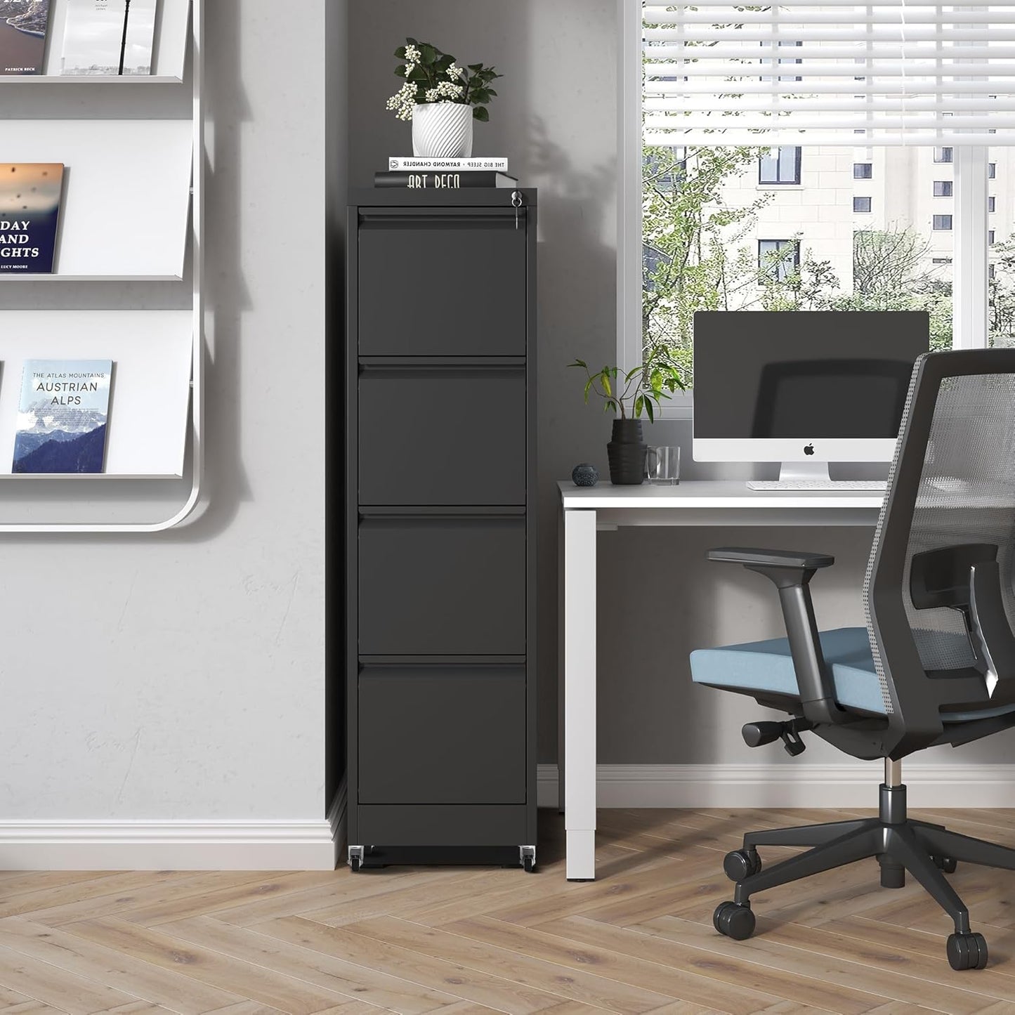 4 Drawer Mobile File Cabinet, Metal Filing Cabinet with Lock and Wheels, Home Office Rolling File Cabinets for Legal/Letter Hanging File Folders, Un-Assembled (Black)