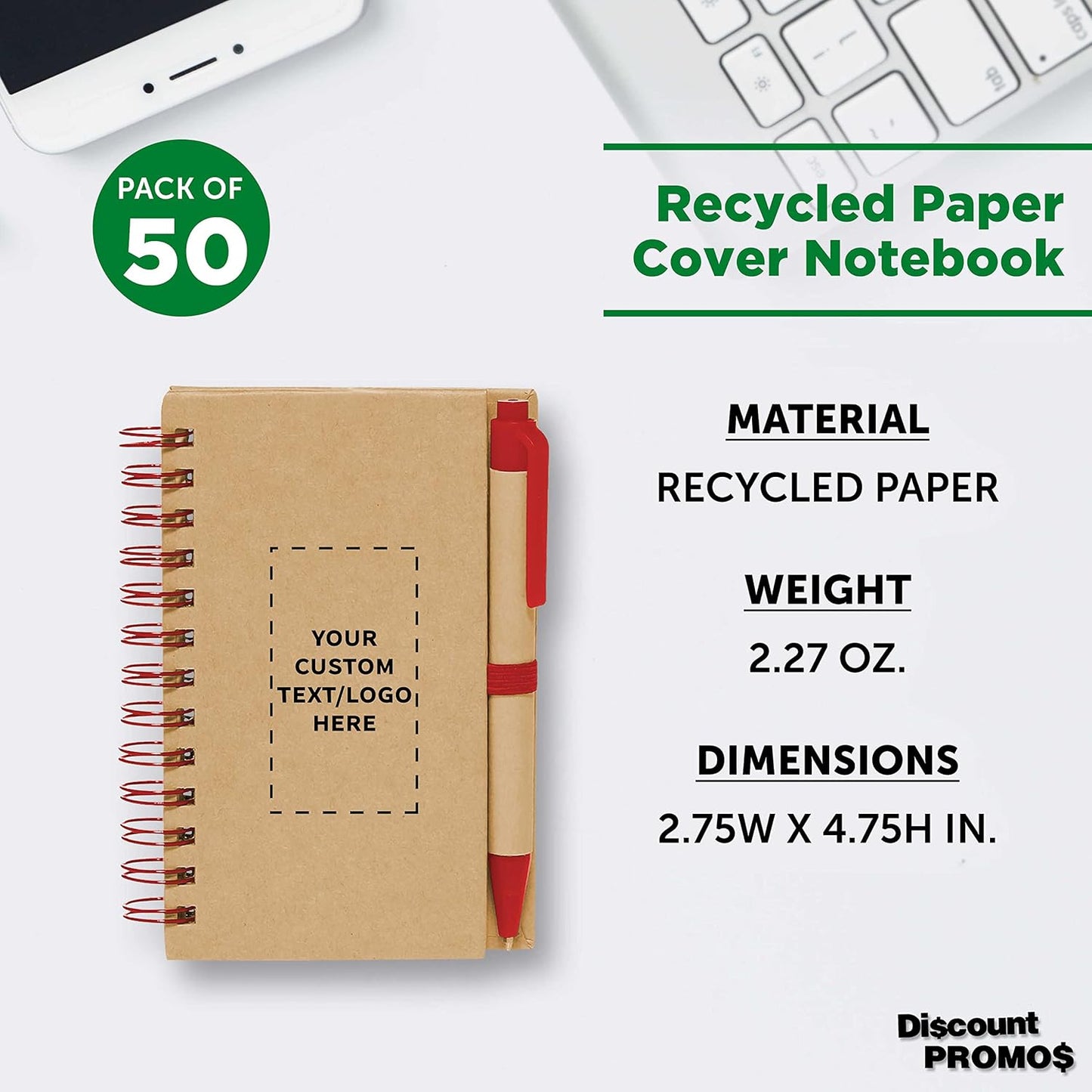 Custom Mini Spiral Notebooks with Black Ink Pens Set of 50, Personalized Bulk Pack - Perfect for School, Office, Business, Home - Red