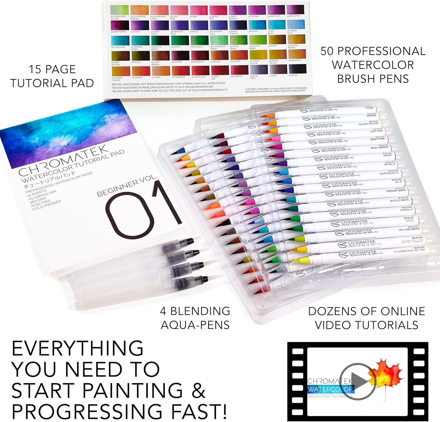 CHROMATEK 54 Watercolor Pens Set | Including 15 Page Pad & Online Video Tutorial Series | 4 Aquapens & 50 Unique Colors | Real Brush Pens | Easily Blendable, Vivid, Smooth | Professional Art Supplies