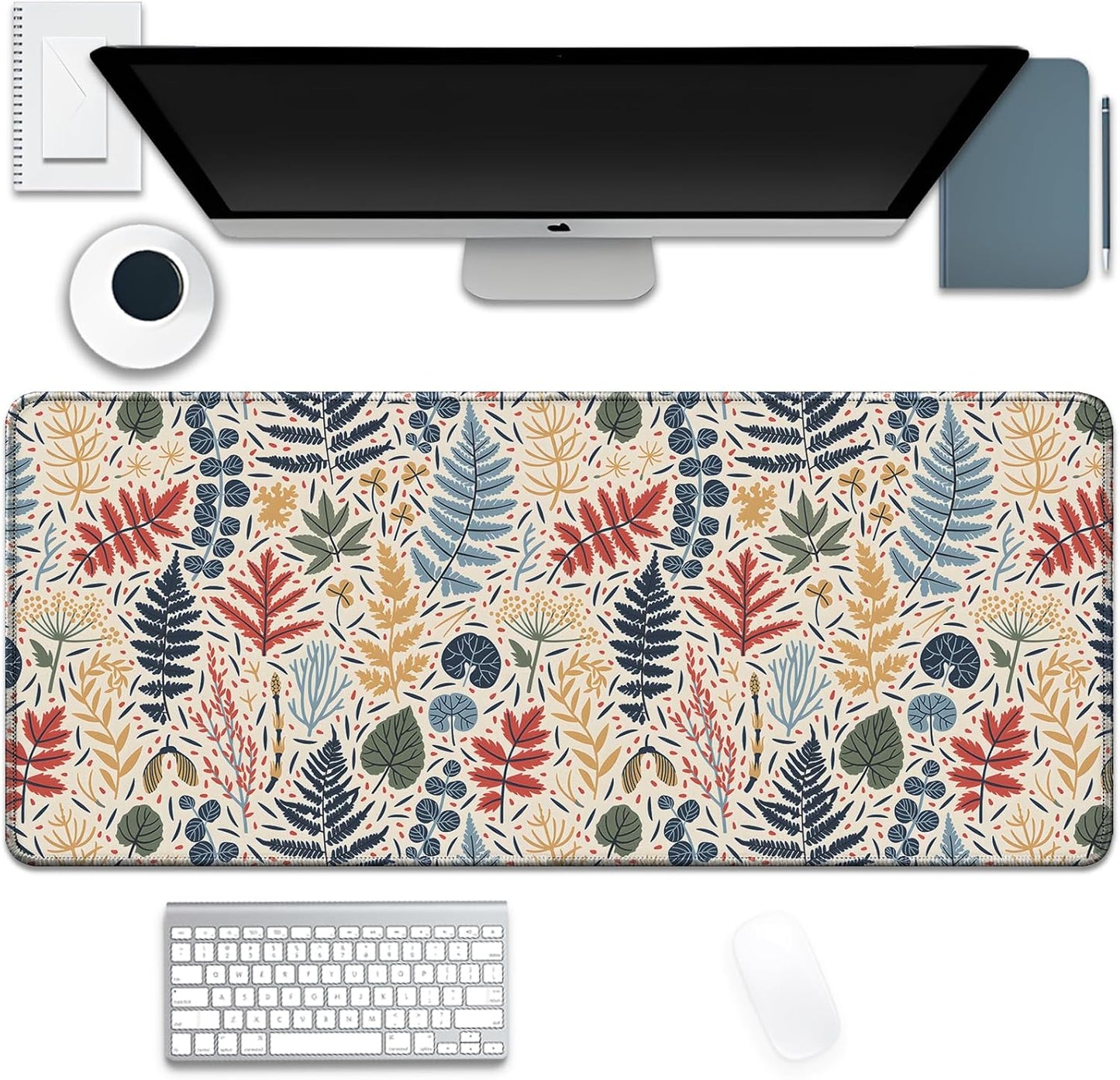 Bohemian Leaves Mouse Pad,Large Vintage Abstract Mousepad Desk Pad with Stitched Edges,Non-Slip Waterproof Rubber Base Mouse Mat for Office Computer Keyboard Laptop Home(27.5x11.8 in)
