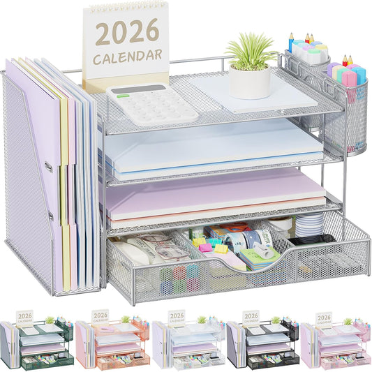 gianotter Desk Organizers and Accessories with File Holder, 4-Tier Desk Accessories & Workspace Organizers with Drawer and 2 Pen Holder, Paper Organizer for Office Supplies (Grey)