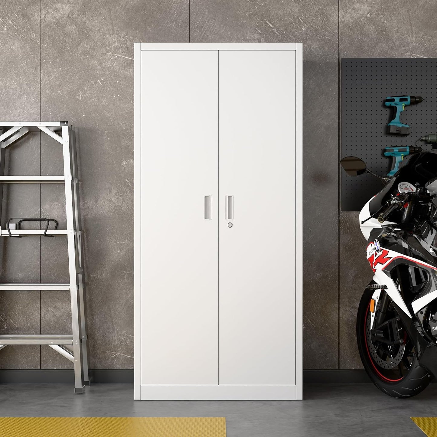 Aobabo Upgraded 71" H×34" W×18" D Metal Garage Storage Cabinet with Pegboards, Lockable Steel Cabinet with 5 Adjustable Shelves and 4 Hooks for Garage, Home, Office, White,Assembly Required