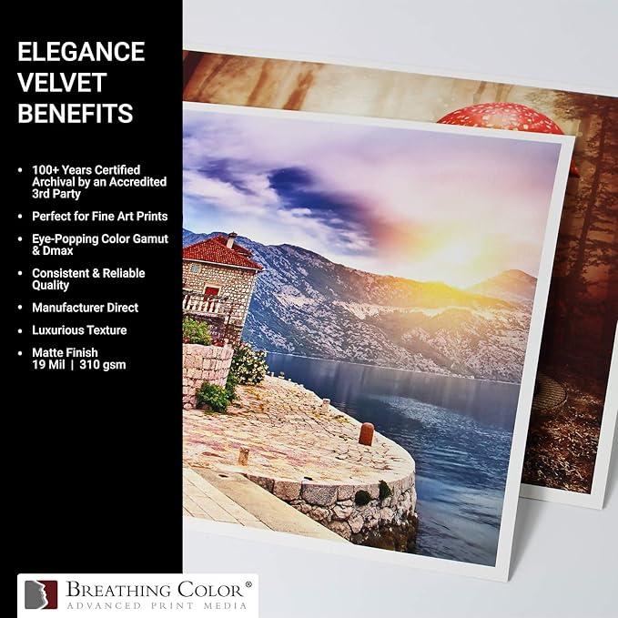Elegance Velvet 17 in x 10 ft roll is a Premium Matte 310 gsm, Cold Pressed Bright White Museum Grade Fine Art Inkjet Paper, Compatible with Most Dye-Based and Pigment Printers