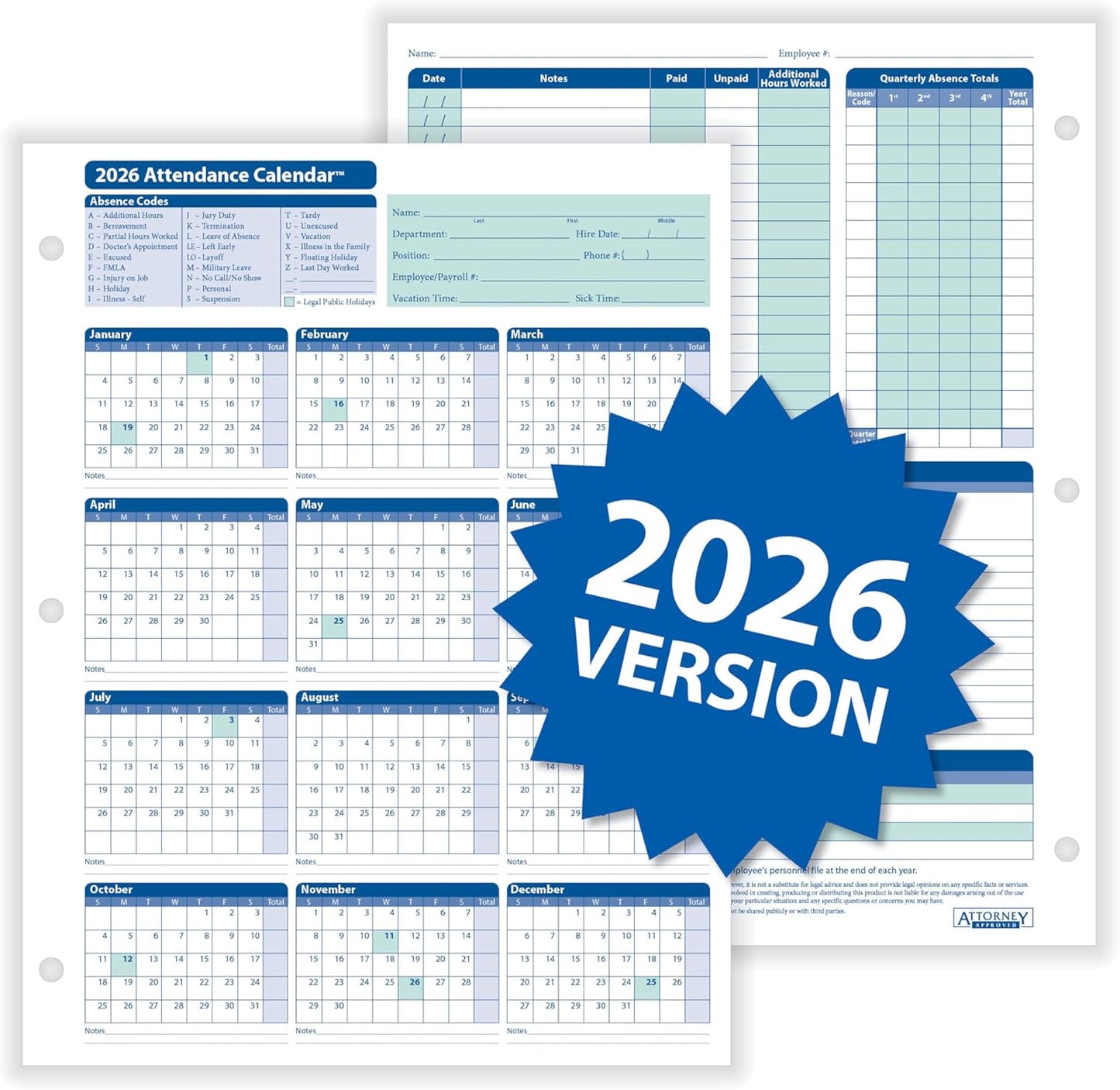 2026 Attendance Calendar Card, White, Pack of 50