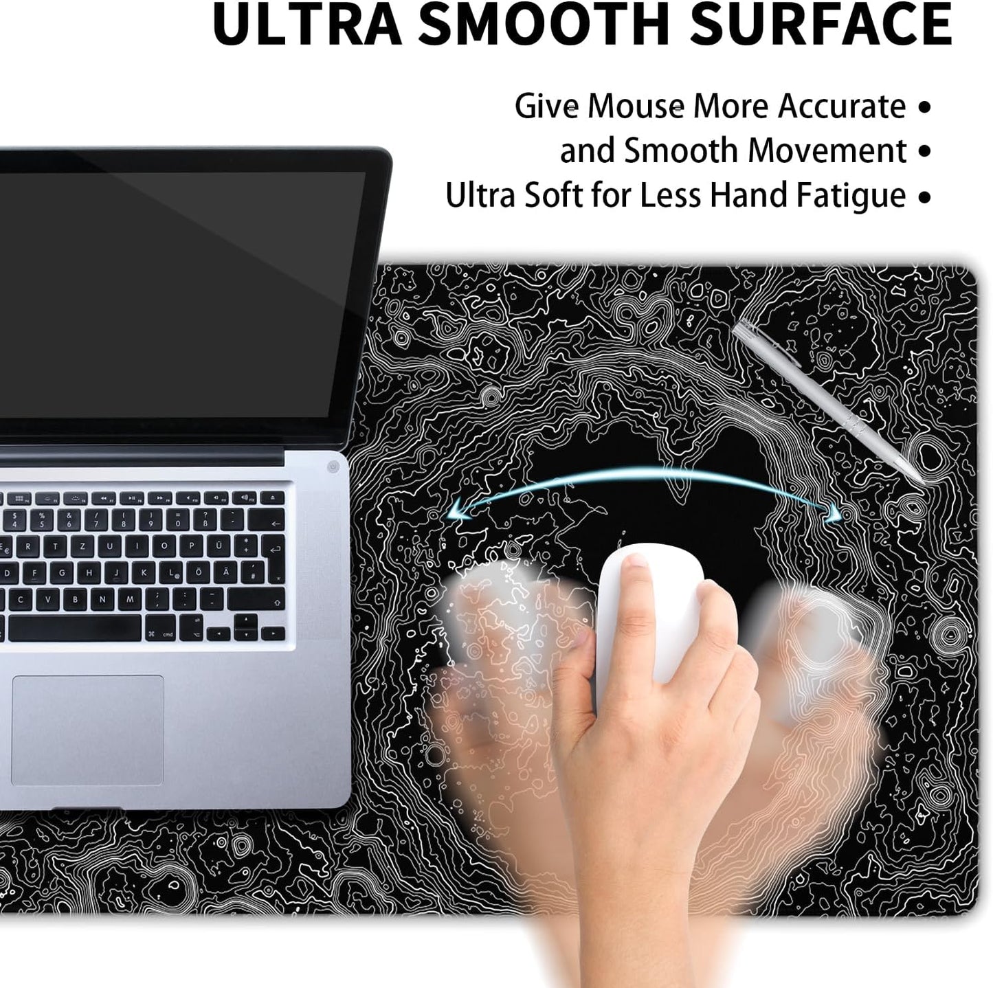 Black Whtie Topographic Gaming Mouse Pad XL Topo Moon Relief Map Extended Large Mat Mousepad Desk Pad Non-Slip Rubber Base Stitched Edge Long Keyboard Playmat for Desk Computer,24x14 Inch