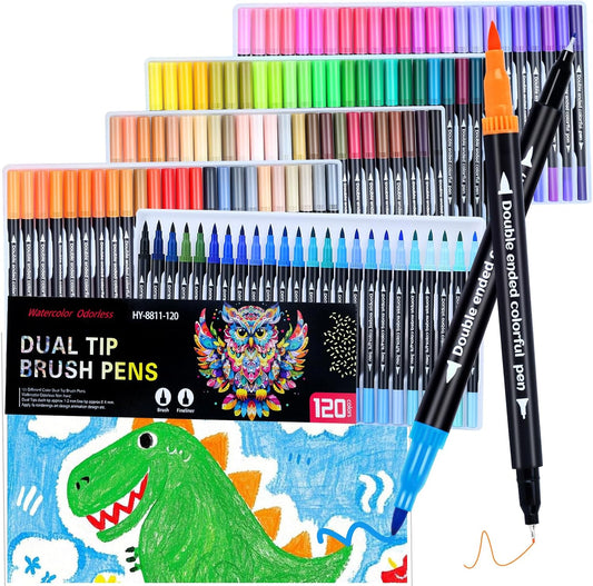 120 Colors Dual Markers Brush Pens ,Dual Tip Brush&Fine Tip Markers for Adult Kids Coloring,Water-based Ink Art Marker,Calligraphy Pens Fineliner and Brush Tips for Hand Lettering, Journal, Doodling