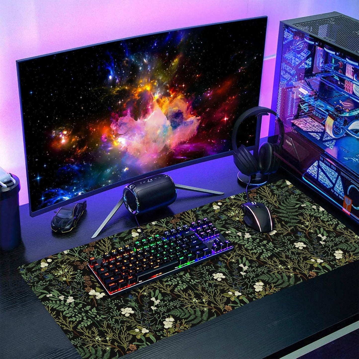 Black Aesthetic Vintage Botanical Gaming Mouse Pad XXL Cute Forest Green Plant Nature Floral Extended Large Mouse Pad Big Mousepad Non-Slip Stitched Edge Long Mat for Desk Office Computer,35.4x15.7 in