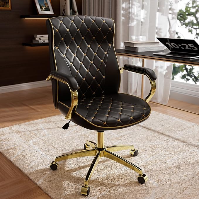 Black and Gold Office Chair with Soft Leather Embroidery, Mid Back Vintage Swivel Executive Desk Chair with Wheels and Padded Arms, Adjustable Height