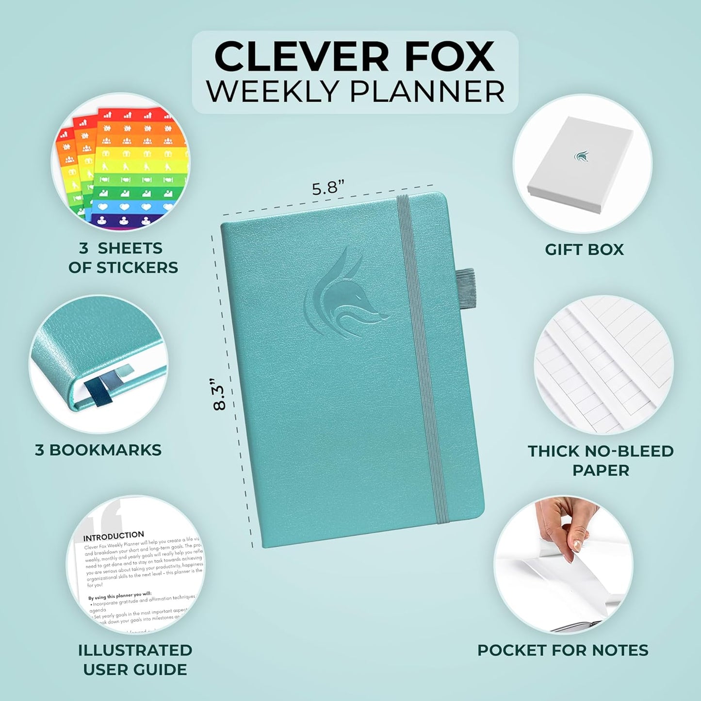 Clever Fox Planner – Undated Weekly & Monthly Planner for Productivity, Time Management & Goals – Organizer Journal – A5 (Aquamarine)