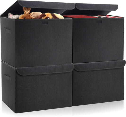 Large 22 Quart Linen Fabric Foldable Storage Bin Cube Organizer Basket with Flip-Top Lid & Handles, Clothes Blanket Box for Home, Office, Closet, Black, 4 Pack 14.6 x 9.5 x 9.5”
