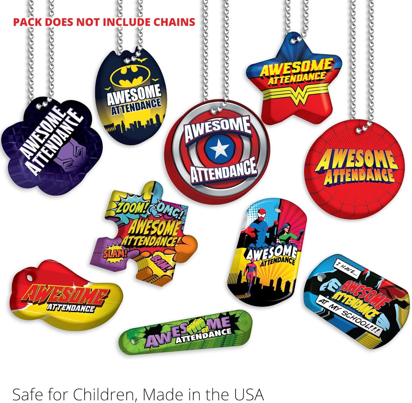 Awesome Attendance Heroes Brag Tag Value Pack to Improve Students' School & Classroom Attendance: 100 Tags (10 Tags for Each Design)