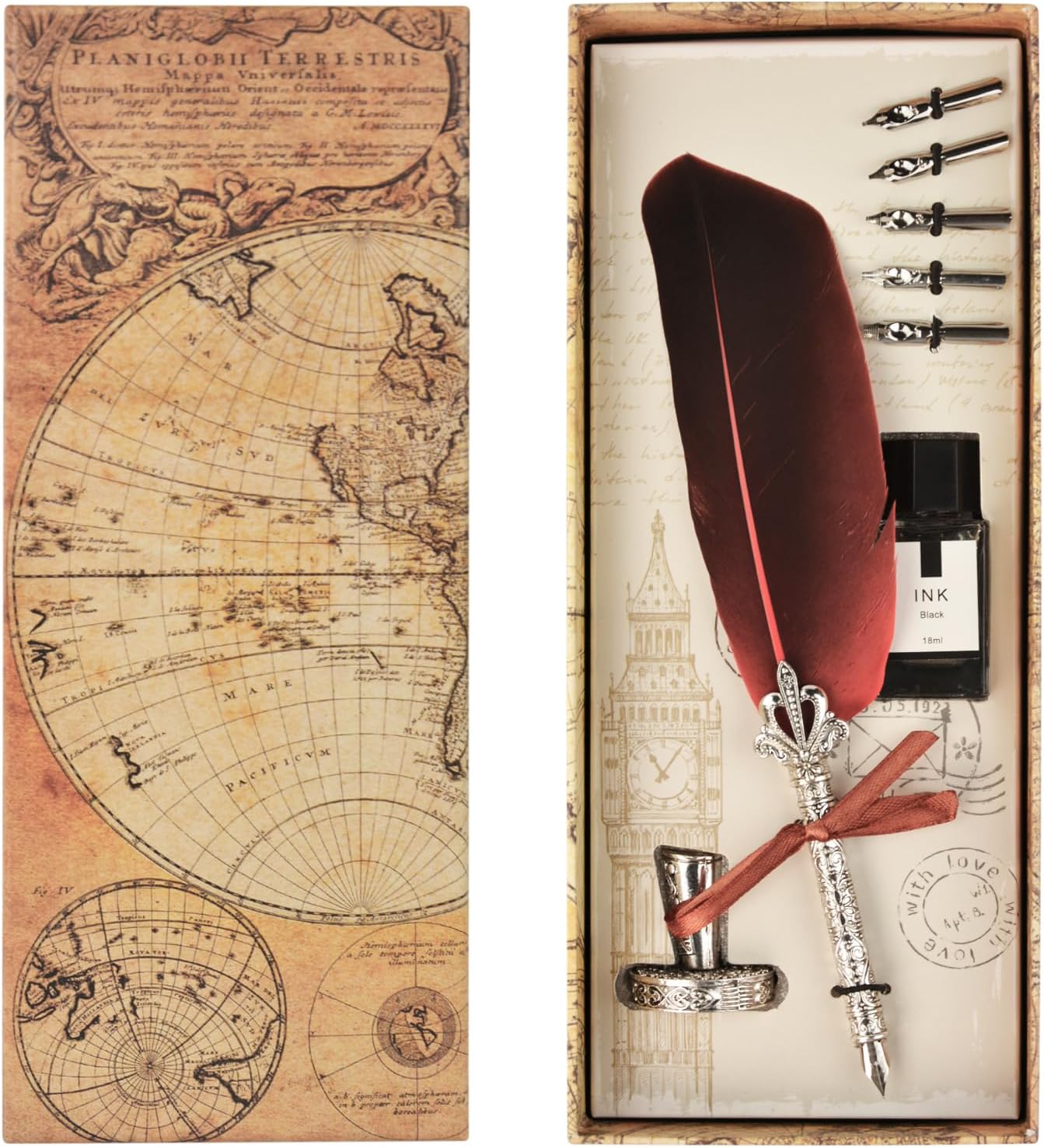 Flylin Retro Feather Pen Set, Calligraphy Fountain Dip Quill Pen, 5 Replacement Nibs, Red Ink, Perfect for Calligraphy